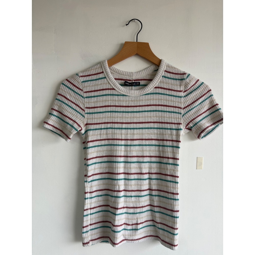 Abercrombie & Fitch Ribbed Knit Y2K Striped Short Sleeve Tee Cream Multi XS